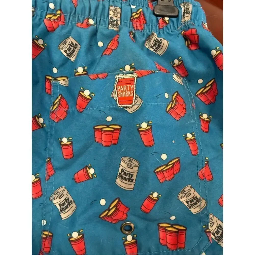 Party Sharks Blue w/ Red Solo Cups Swim Trunks sz S EUC